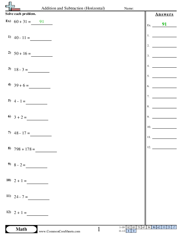 Addition and Subtraction (Horizontal) worksheet